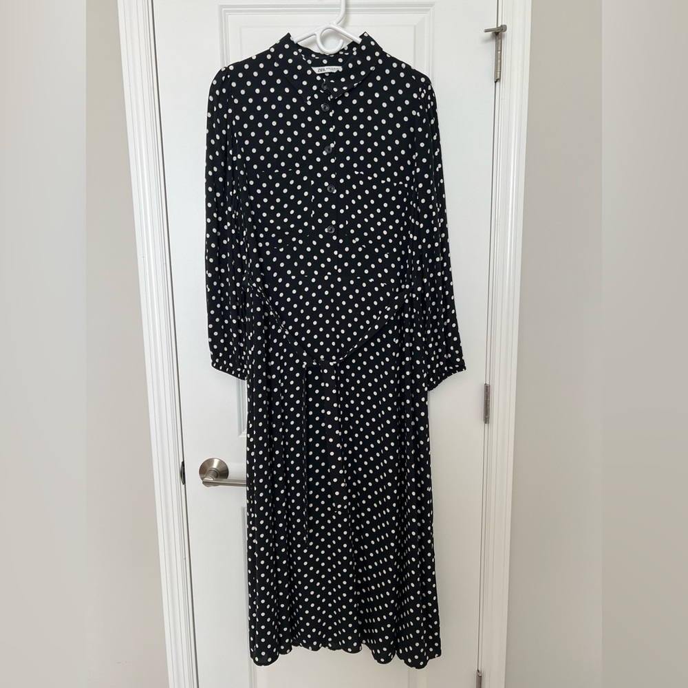 Zara black and white polka dot midi shirt dress with belt
